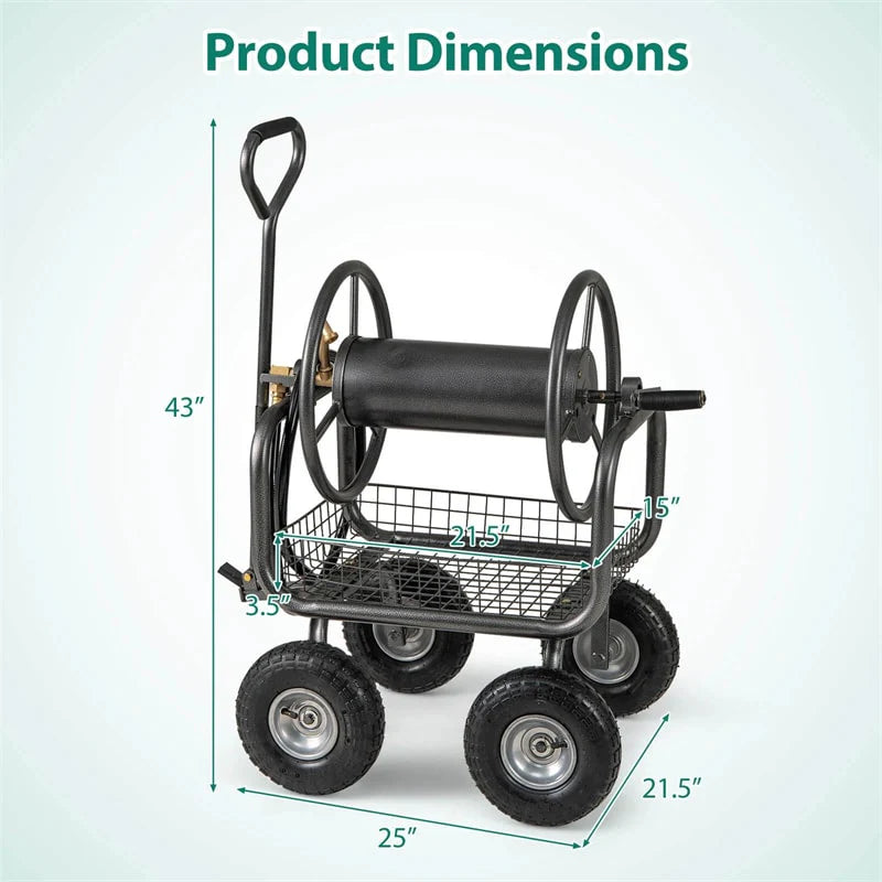 Portable Garden Hose Reel Cart Holds 300FT of 5/8" Large Capacity, Heavy-Duty Metal Hose Cart with 4 Wheels & Storage Basket for Lawn Yard