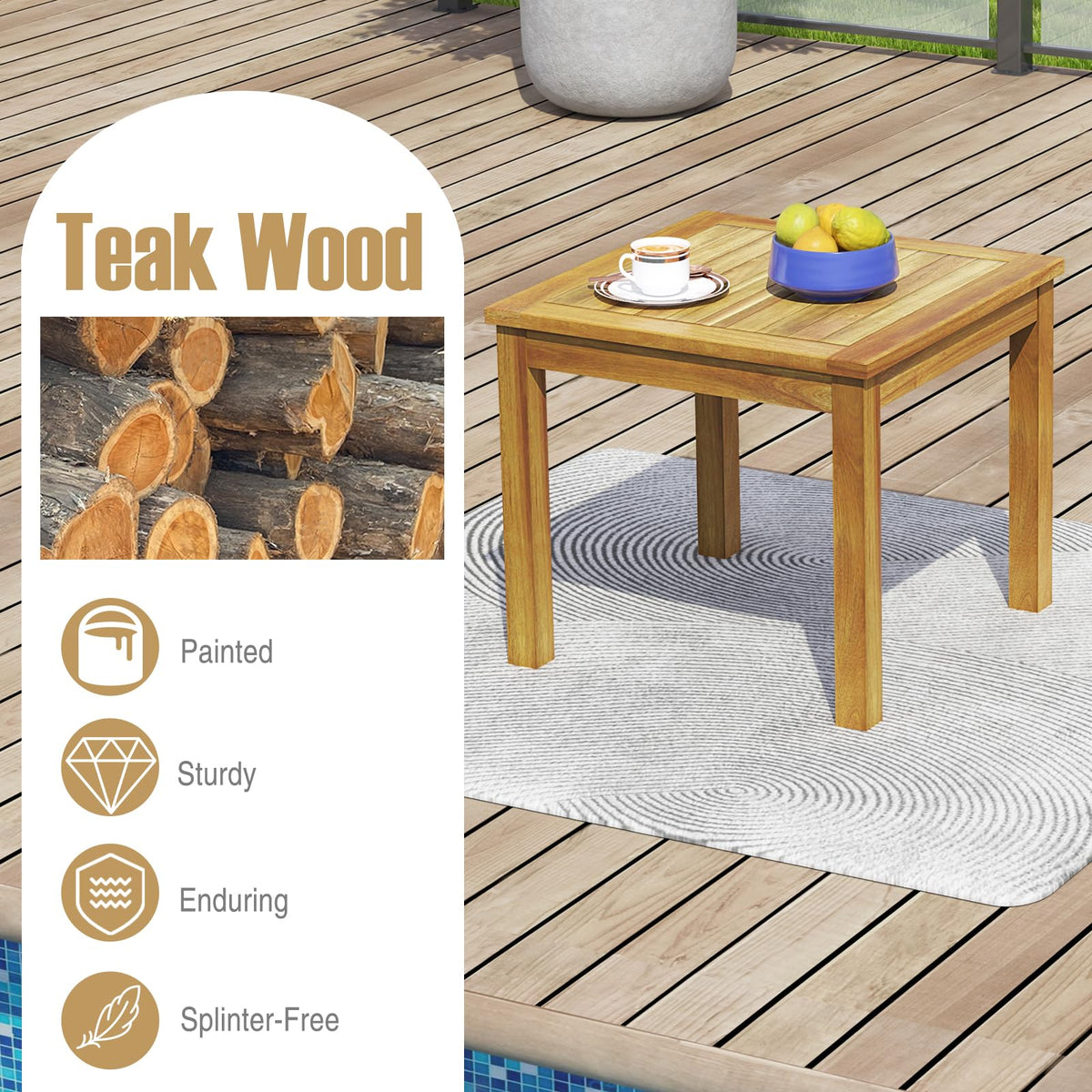 Tangkula 3 Piece Teak Wood Bistro Set, Outdoor Conversation Set with 2 Folding Chairs & Square Side Table - Product image 5