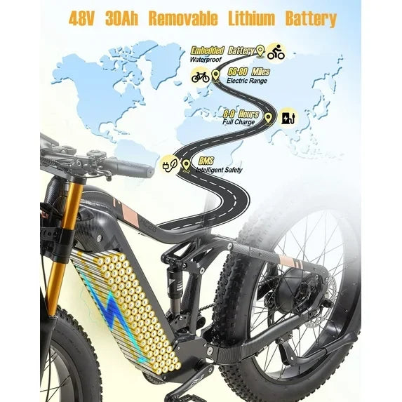 Dual Motors AWD 2000W Electric Bike for Adult 26'', UL2849 48V 60AH Removable Battery E - Product image 7