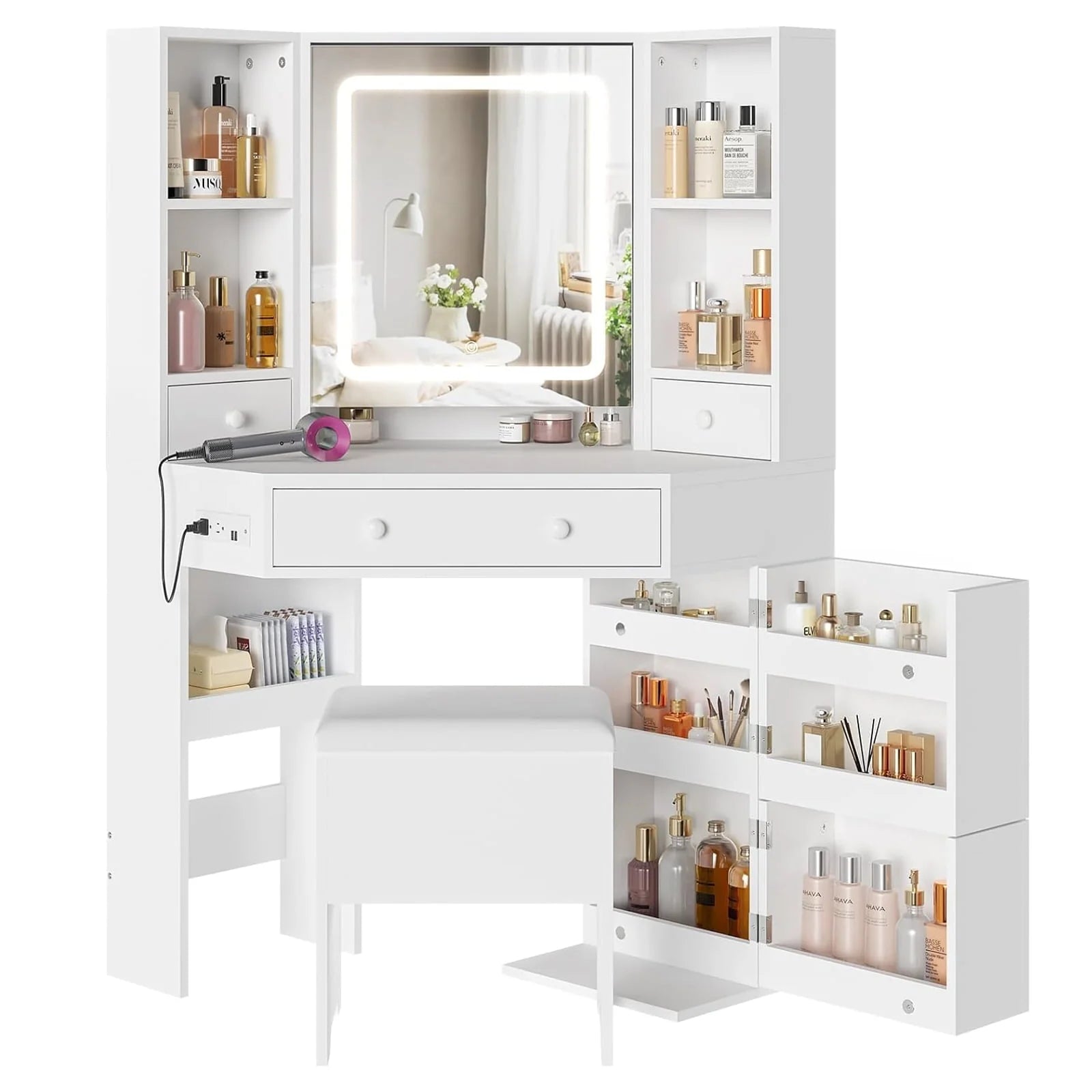 Black Vanity Set with Lights & Charging Station & Cushioned Stool, Modern Makeup Vanity Desk Table with - Product image 7