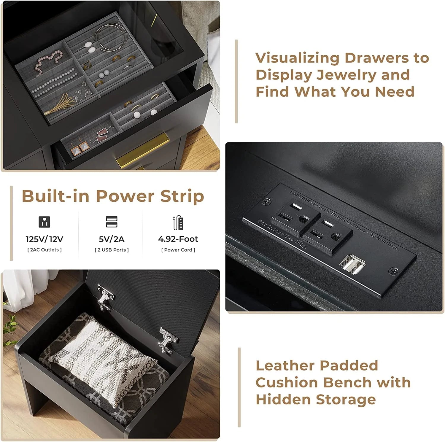 Black Vanity Set with Lights & Charging Station & Cushioned Stool - Product image 11