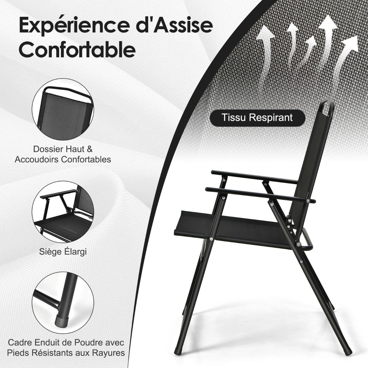 Garden Furniture Set 6 Pcs 4 Folding Chairs Glass Coffee Table and Parasol for Terrace Swimming Pool Courtyard Black -