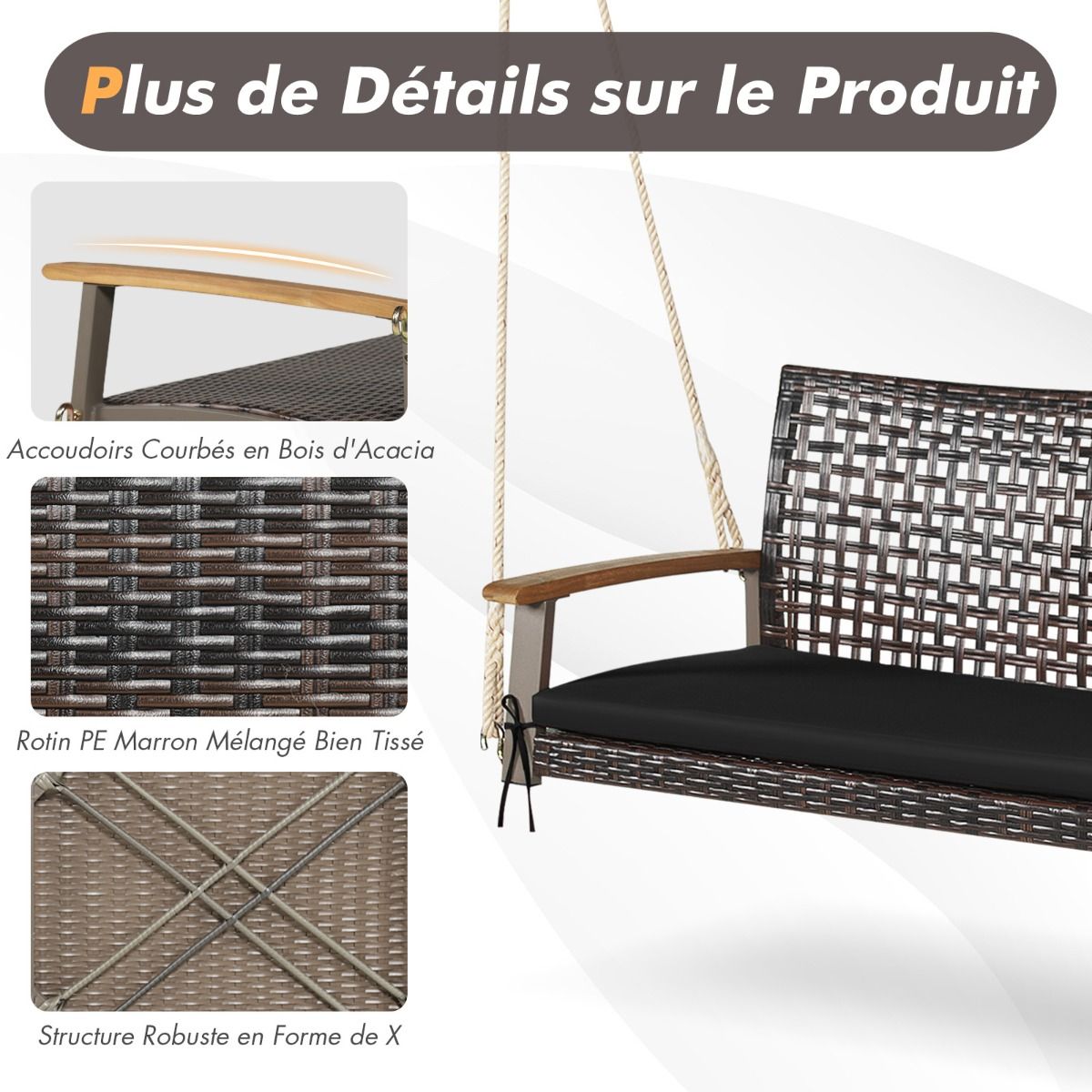 Hanging Rattan Garden Bench 2 Seater Acacia Wood Armrests Metal Frame Cushion Ropes Hooks White/Black -