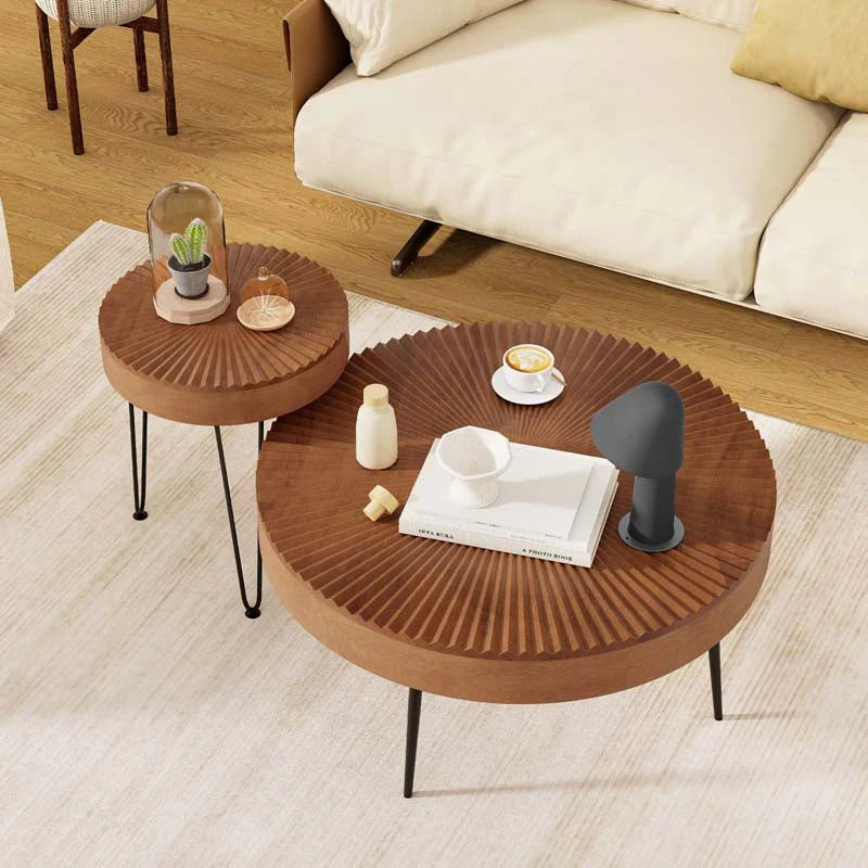 Boho Farmhouse Round Coffee Table Set of 2, Solid Pine Wood Nesting End Table with Metal Legs - Product image 2