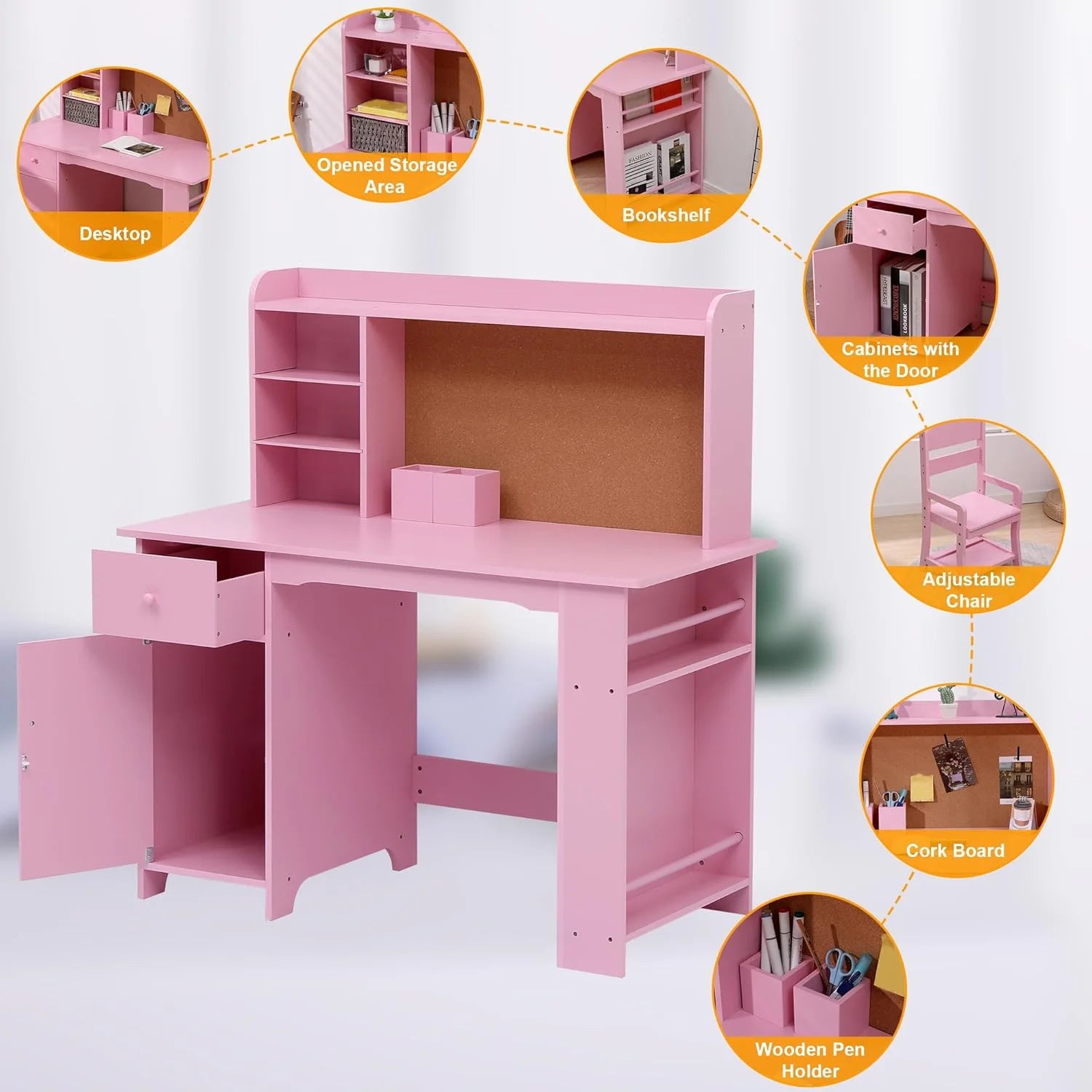 Kids Desk and Chair Set, Study Table with Storage Shelf, Bulletin Board, Children School Learning Desk Set - Product image 2