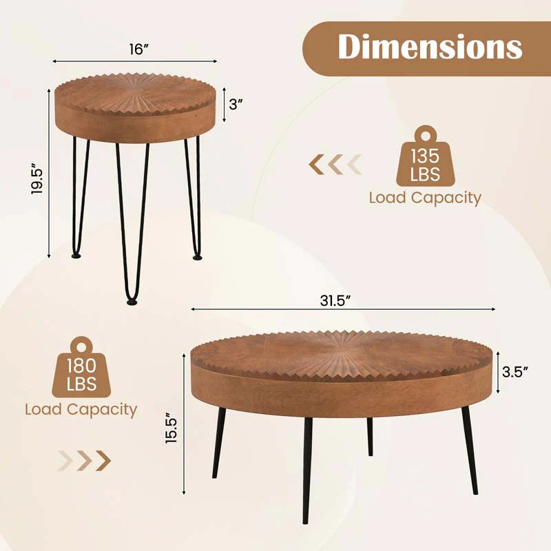 Boho Farmhouse Round Coffee Table Set of 2, Solid Pine Wood Nesting End Table with Metal Legs - Product image 11