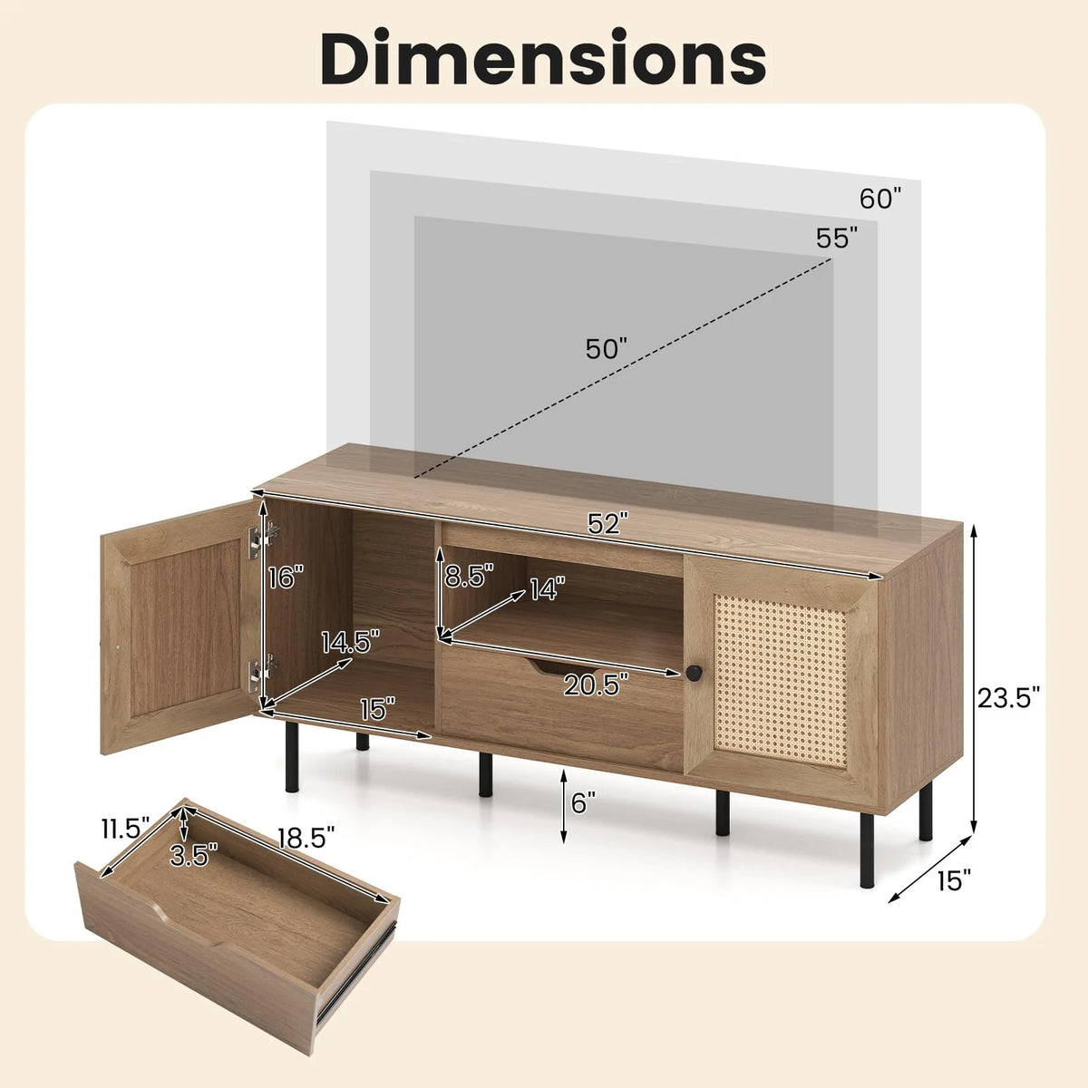 Tangkula Boho TV Stand for 60 Inch TV Entertainment Center with Cabinets and Storage Shelf - Product image 3