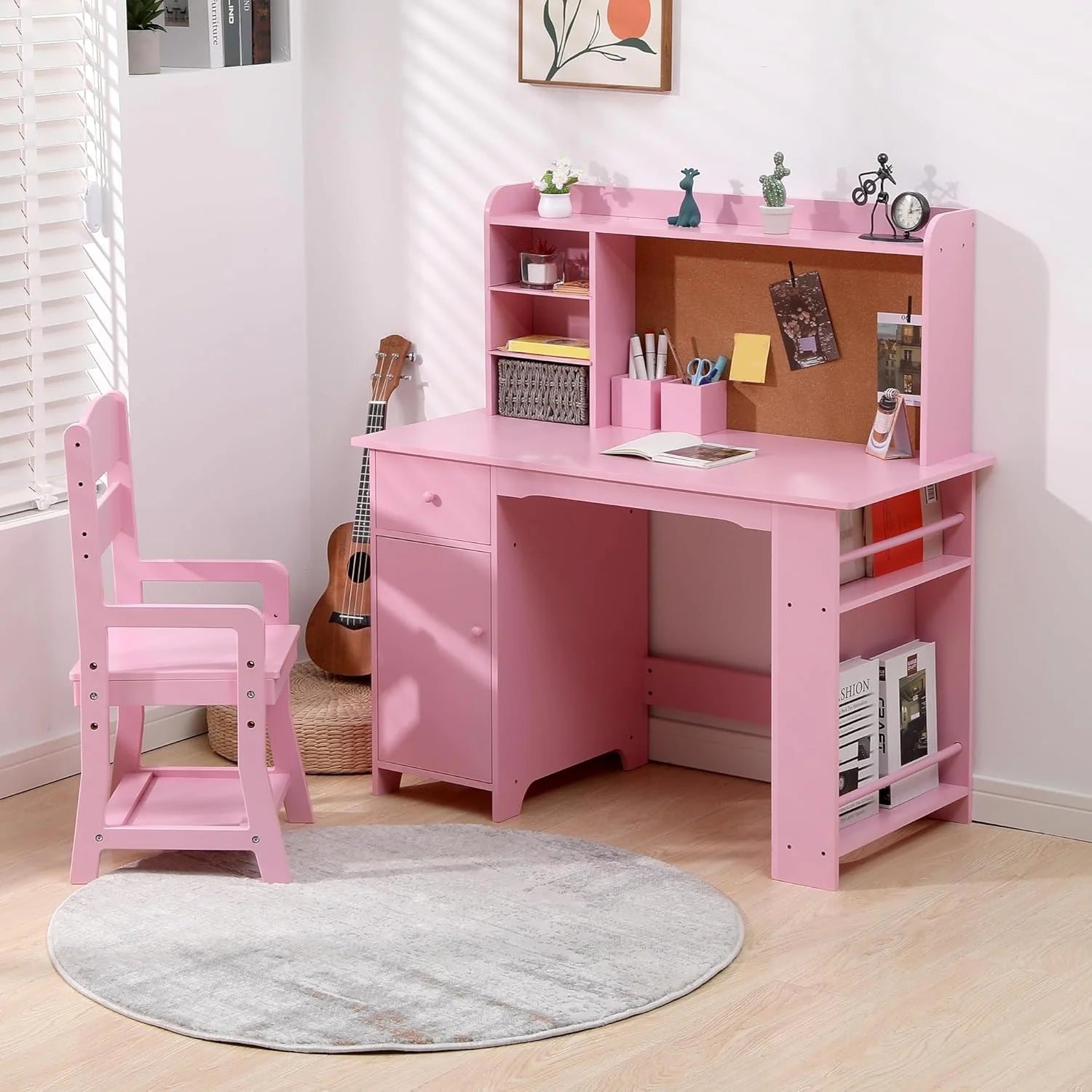 Kids Desk and Chair Set, Study Table with Storage Shelf, Bulletin Board, Children School Learning Desk Set - Product image 3
