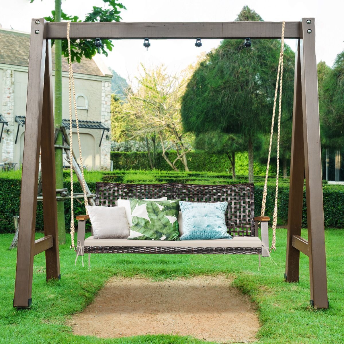 Hanging Rattan Garden Bench 2 Seater Acacia Wood Armrests Metal Frame Cushion Ropes Hooks White/Black -