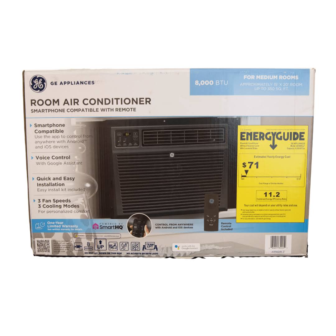 GE 8, 000 BTU 115-Volt Smart Window Air Conditioner with Remote, AEN08LZ, Black - Product image 1