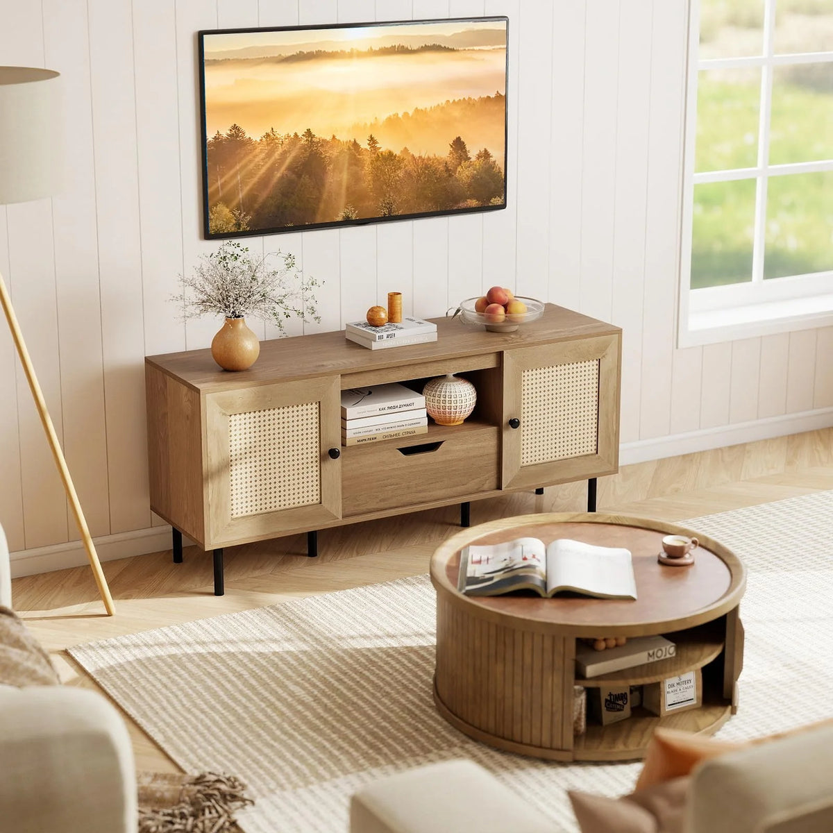 Tangkula Boho TV Stand for 60 Inch TV Entertainment Center with Cabinets and Storage Shelf - Product image 4