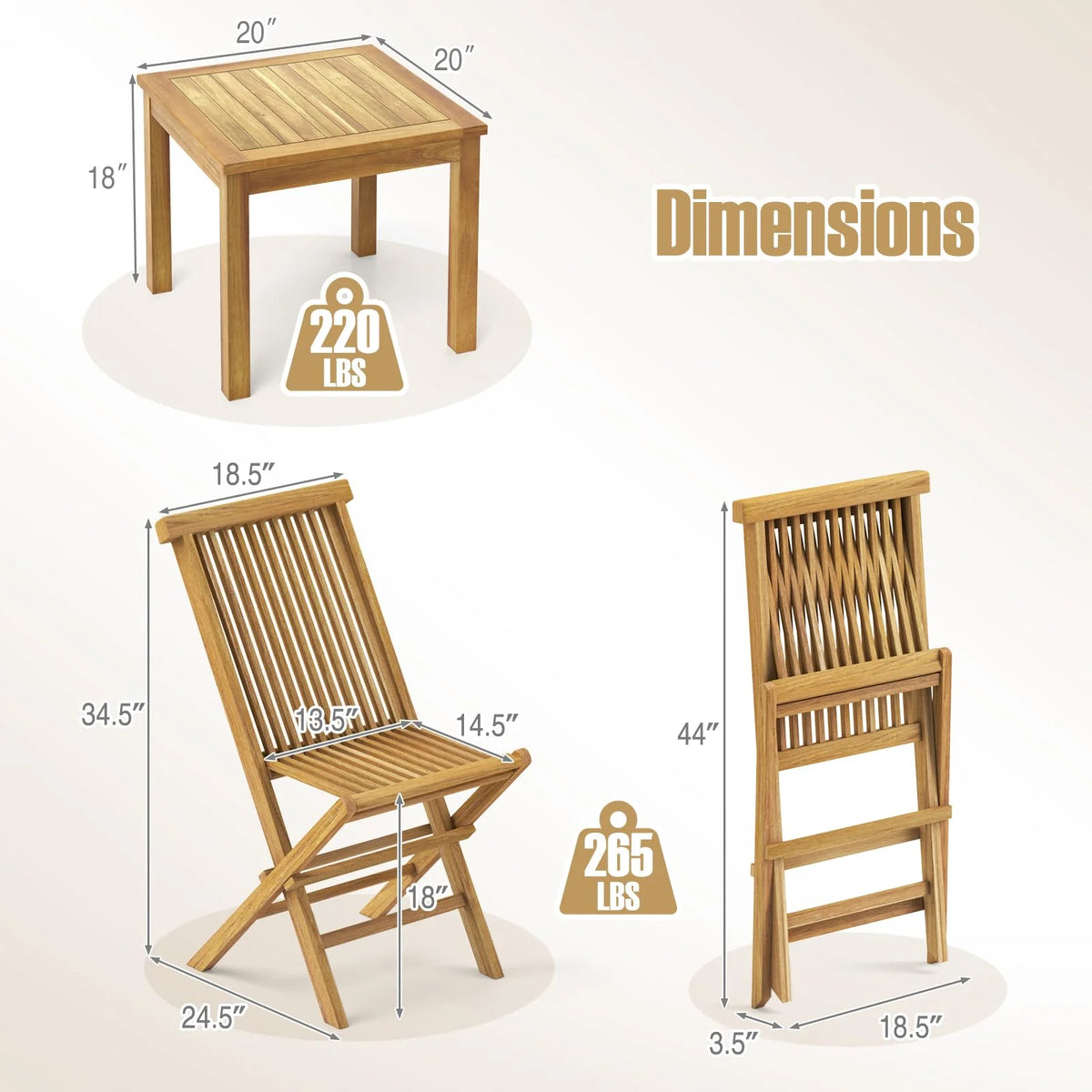 Tangkula 3 Piece Teak Wood Bistro Set, Outdoor Conversation Set with 2 Folding Chairs & Square Side Table - Product image 4