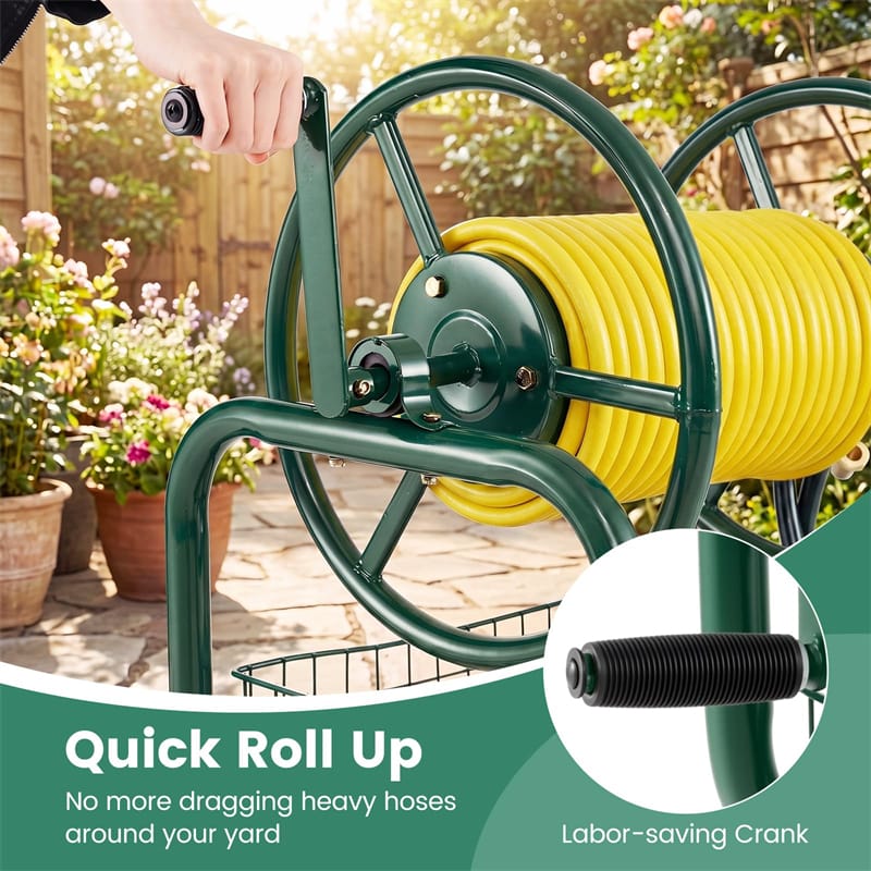 Portable Garden Hose Reel Cart Holds 300FT of 5/8" Large Capacity, Heavy-Duty Metal Hose Cart with 4 Wheels & Storage Basket for Lawn Yard