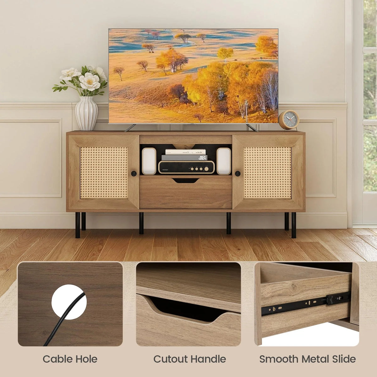 Tangkula Boho TV Stand for 60 Inch TV Entertainment Center with Cabinets and Storage Shelf - Product image 9