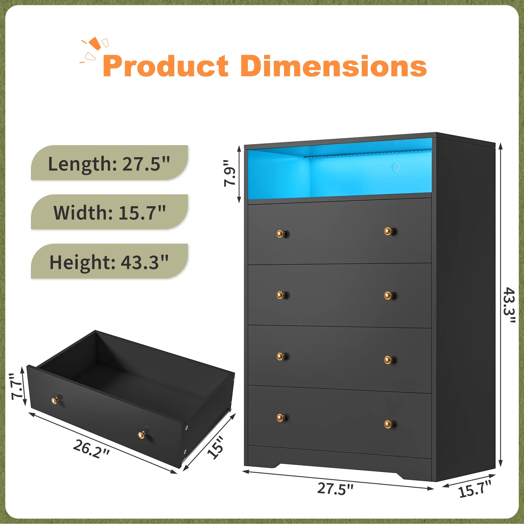 4 - Drawer Black Wood Dresser with LED Lights, Modern Chest of Drawers for Bedroom, Living Room - Product image 5