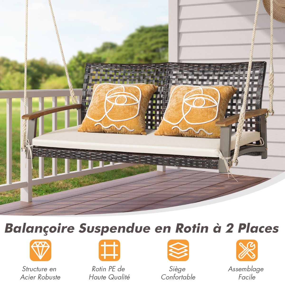 Hanging Rattan Garden Bench 2 Seater Acacia Wood Armrests Metal Frame Cushion Ropes Hooks White/Black -