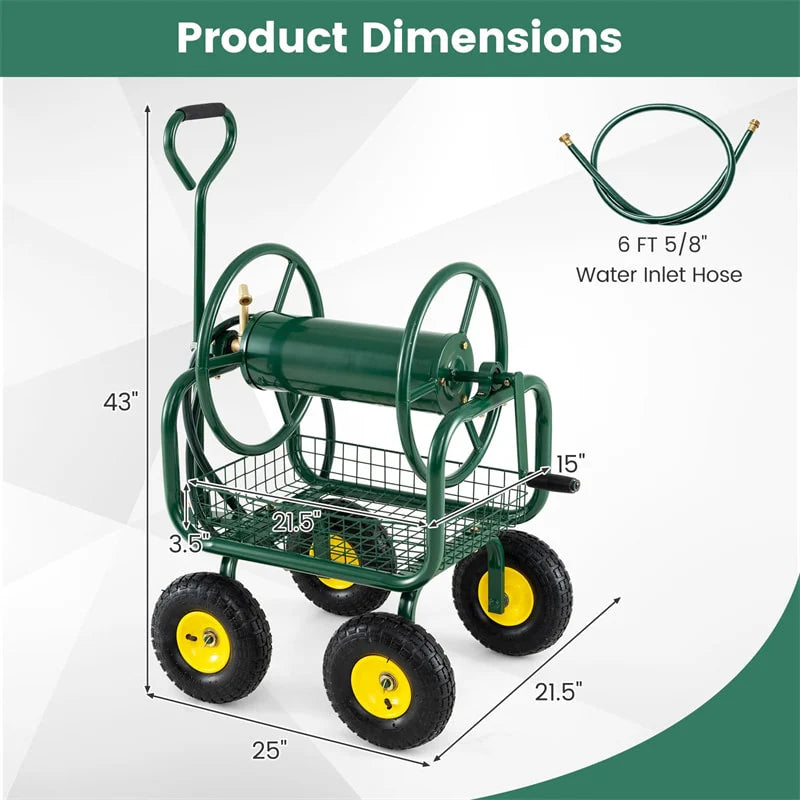 Portable Garden Hose Reel Cart Holds 300FT of 5/8" Large Capacity, Heavy-Duty Metal Hose Cart with 4 Wheels & Storage Basket for Lawn Yard