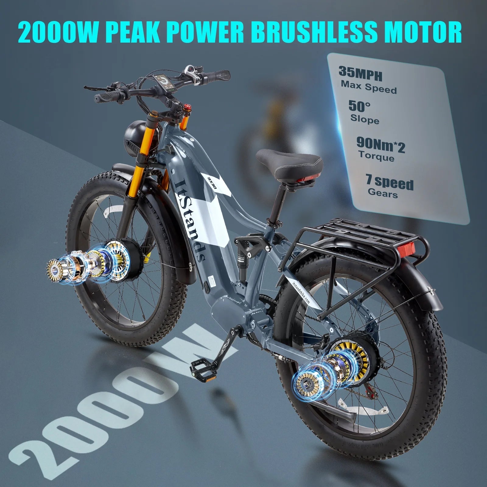 Dual Motors AWD 2000W Electric Bike for Adult 26'', UL2849 48V 60AH Removable Battery E - Product image 23