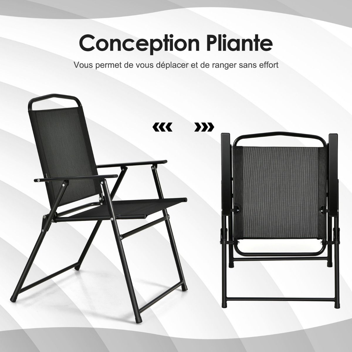 Garden Furniture Set 6 Pcs 4 Folding Chairs Glass Coffee Table and Parasol for Terrace Swimming Pool Courtyard Black -