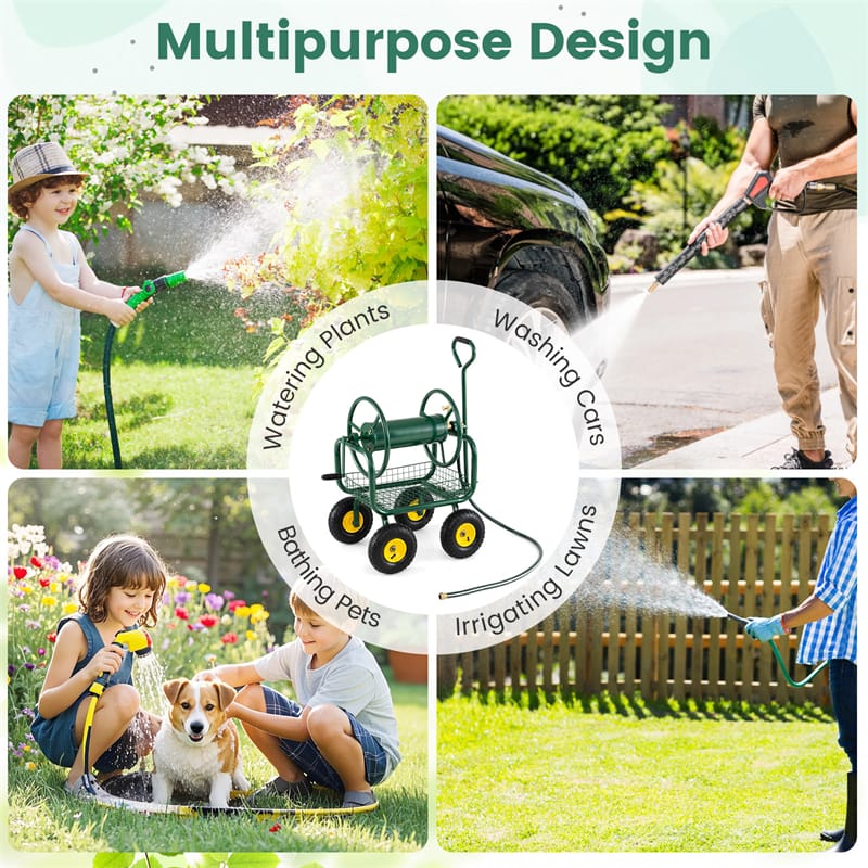 Portable Garden Hose Reel Cart Holds 300FT of 5/8" Large Capacity, Heavy-Duty Metal Hose Cart with 4 Wheels & Storage Basket for Lawn Yard