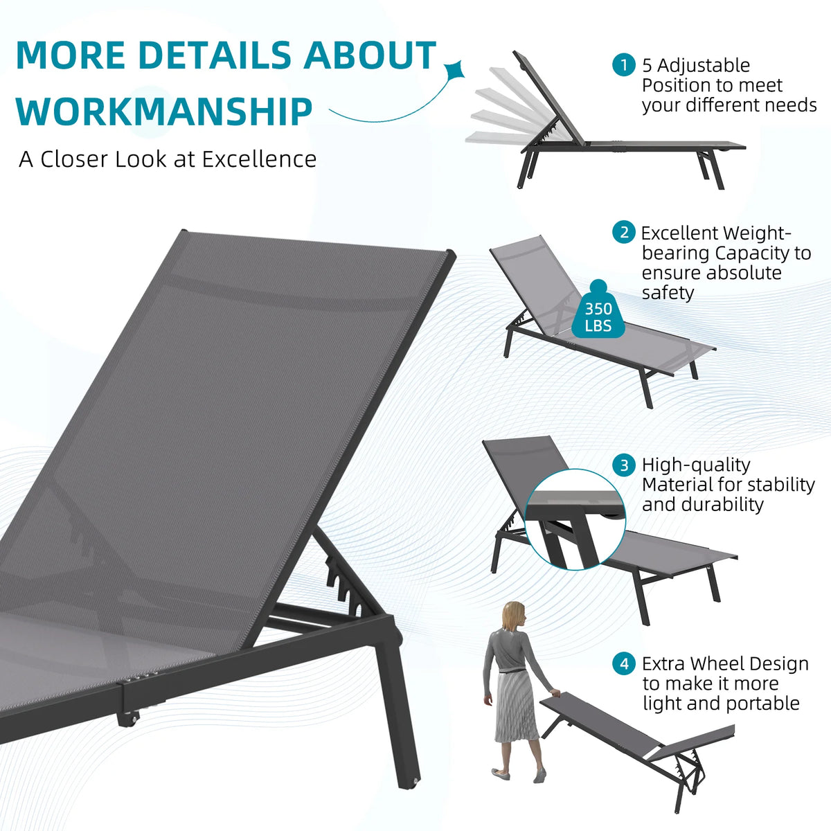 AECOJOY Patio Lounge Chairs, Outdoor Chaise Lounge with Wheels, Dark Grey, 2PCS - Product image 6