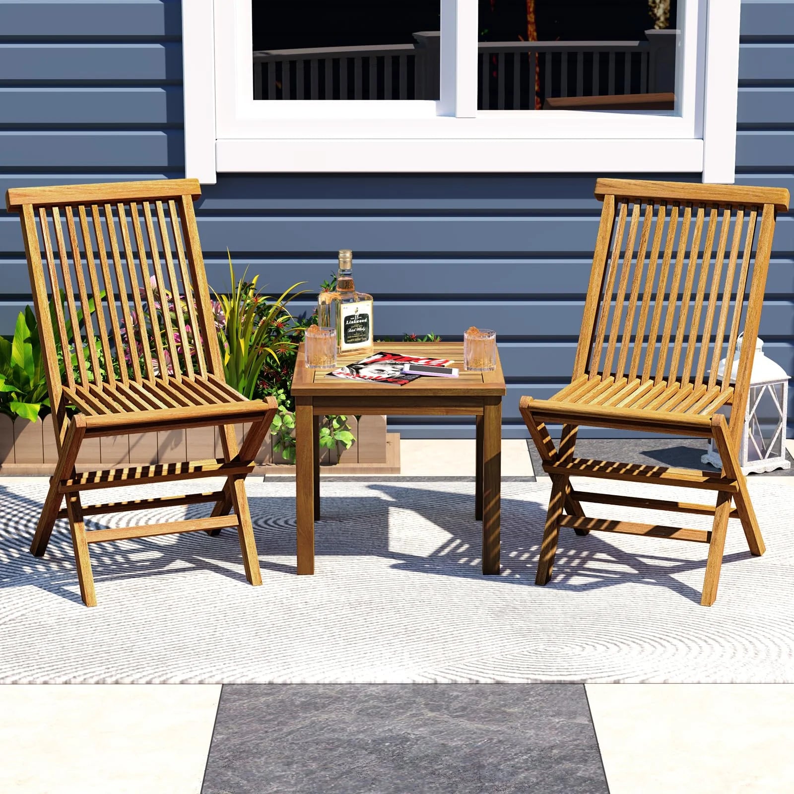 Tangkula 3 Piece Teak Wood Bistro Set, Outdoor Conversation Set with 2 Folding Chairs & Square Side Table - Product image 2