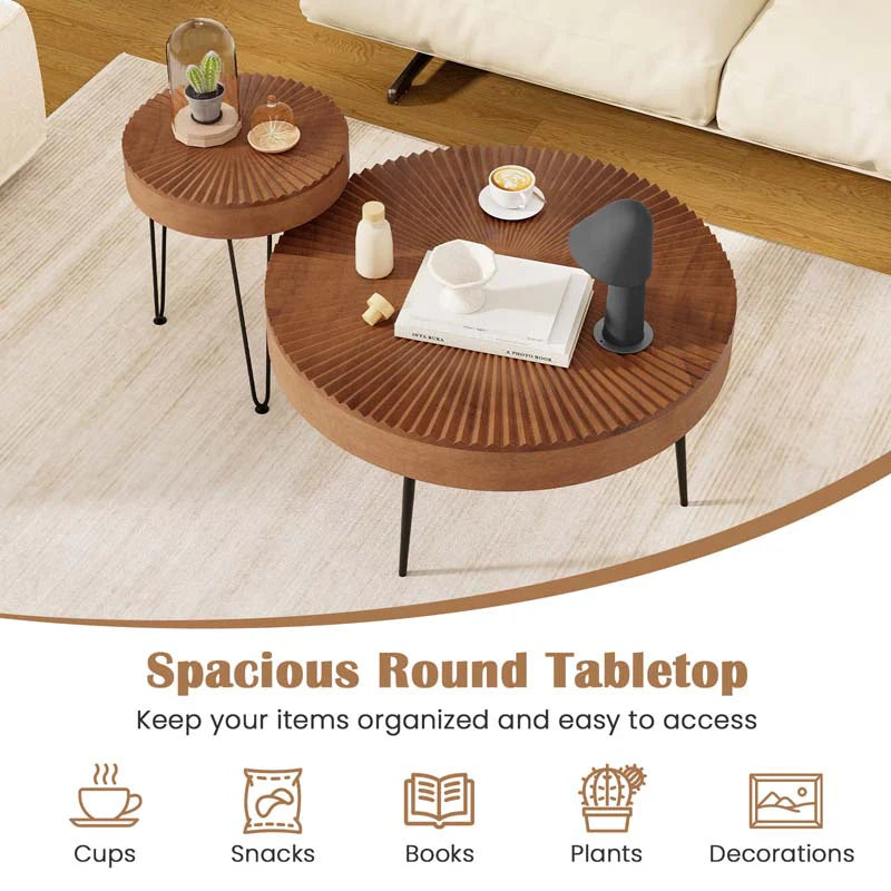 Boho Farmhouse Round Coffee Table Set of 2, Solid Pine Wood Nesting End Table with Metal Legs - Product image 6