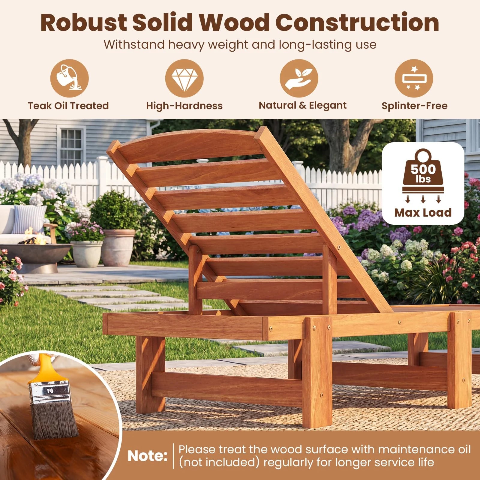 Tangkula Solid Wood Patio Chaise Lounge with 5-Level Adjustable Backrest (1/2) - Product image 6