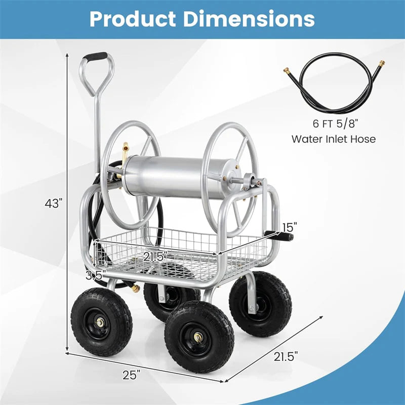 Portable Garden Hose Reel Cart Holds 300FT of 5/8" Large Capacity, Heavy-Duty Metal Hose Cart with 4 Wheels & Storage Basket for Lawn Yard