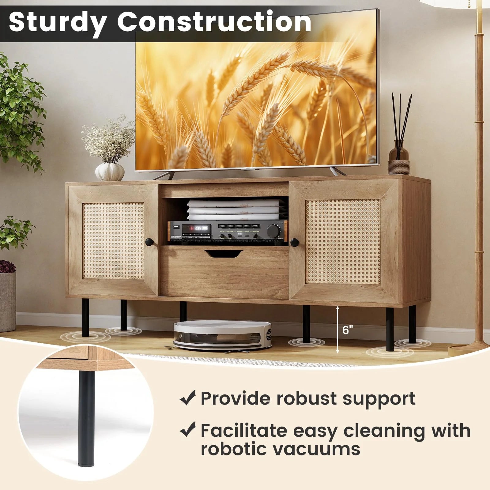 Tangkula Boho TV Stand for 60 Inch TV Entertainment Center with Cabinets and Storage Shelf - Product image 7