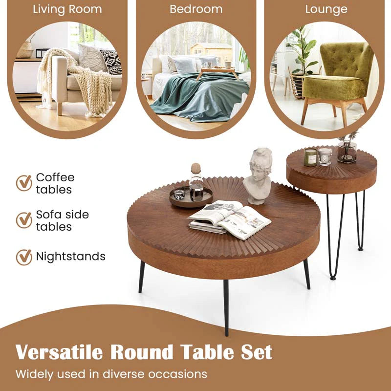 Boho Farmhouse Round Coffee Table Set of 2, Solid Pine Wood Nesting End Table with Metal Legs - Product image 7