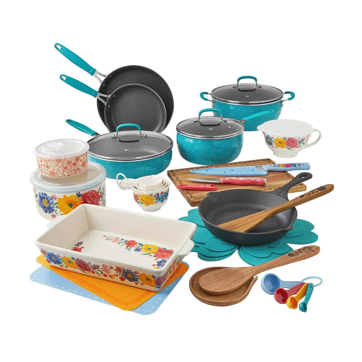 The Pioneer Woman PW43007796140CE 38 Piece Brilliant Blooms Cookware Set, Teal - Product image 1