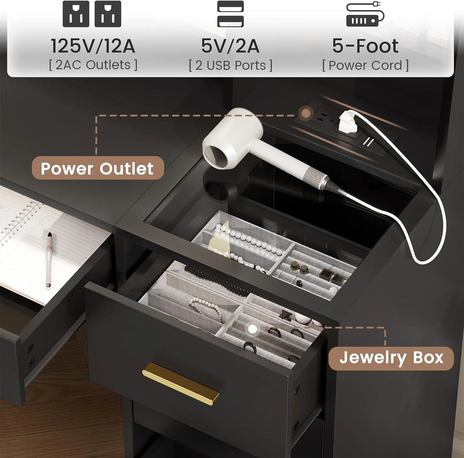 Black Vanity Set with Lights & Charging Station & Cushioned Stool - Product image 10