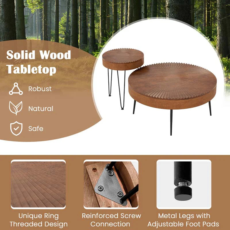 Boho Farmhouse Round Coffee Table Set of 2, Solid Pine Wood Nesting End Table with Metal Legs - Product image 9
