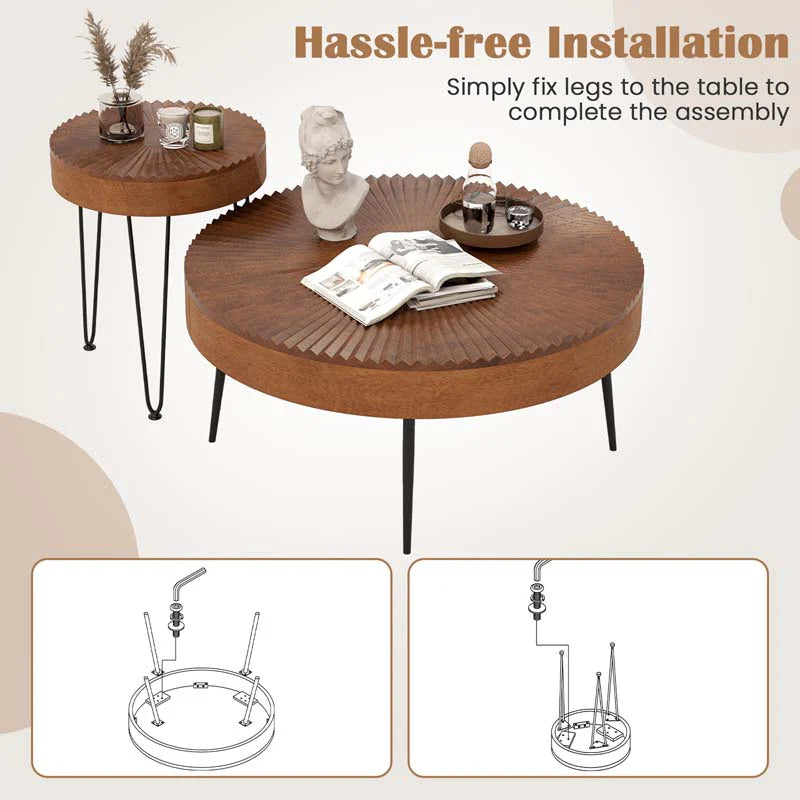 Boho Farmhouse Round Coffee Table Set of 2, Solid Pine Wood Nesting End Table with Metal Legs - Product image 10