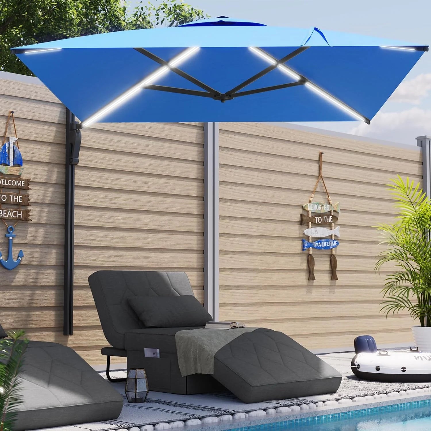 AECOJOY 10FT Large Patio Umbrella with Solar Lights, Rectangle Wall Mounted Outdoor Patio Umbrella, Blue - Product image 4
