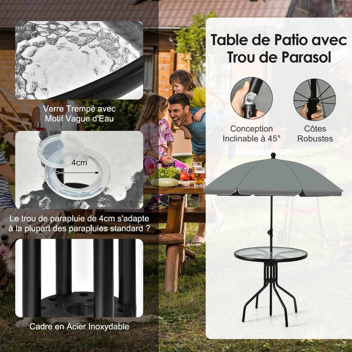 Garden Furniture Set 6 Pcs 4 Folding Chairs Glass Coffee Table and Parasol for Terrace Swimming Pool Courtyard Black -
