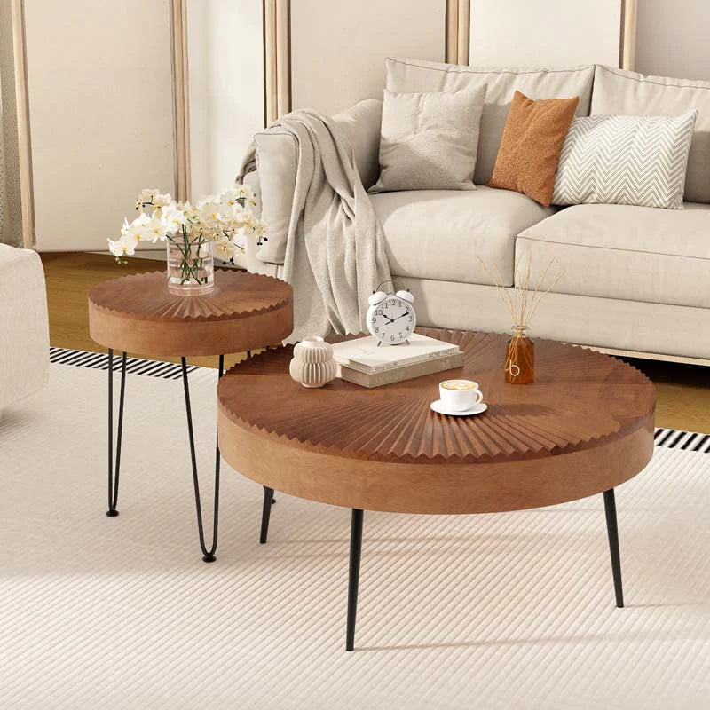 Boho Farmhouse Round Coffee Table Set of 2, Solid Pine Wood Nesting End Table with Metal Legs - Product image 4
