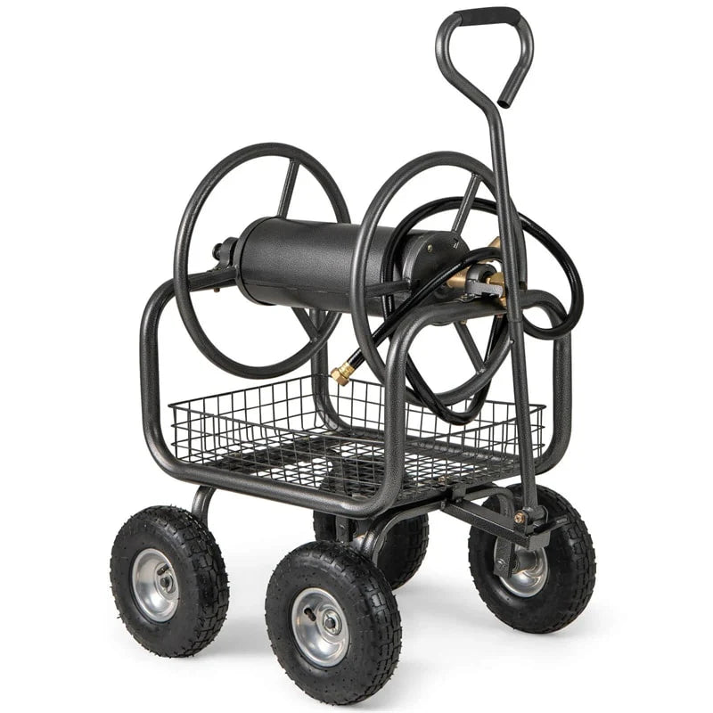 Portable Garden Hose Reel Cart Holds 300FT of 5/8" Large Capacity, Heavy-Duty Metal Hose Cart with 4 Wheels & Storage Basket for Lawn Yard