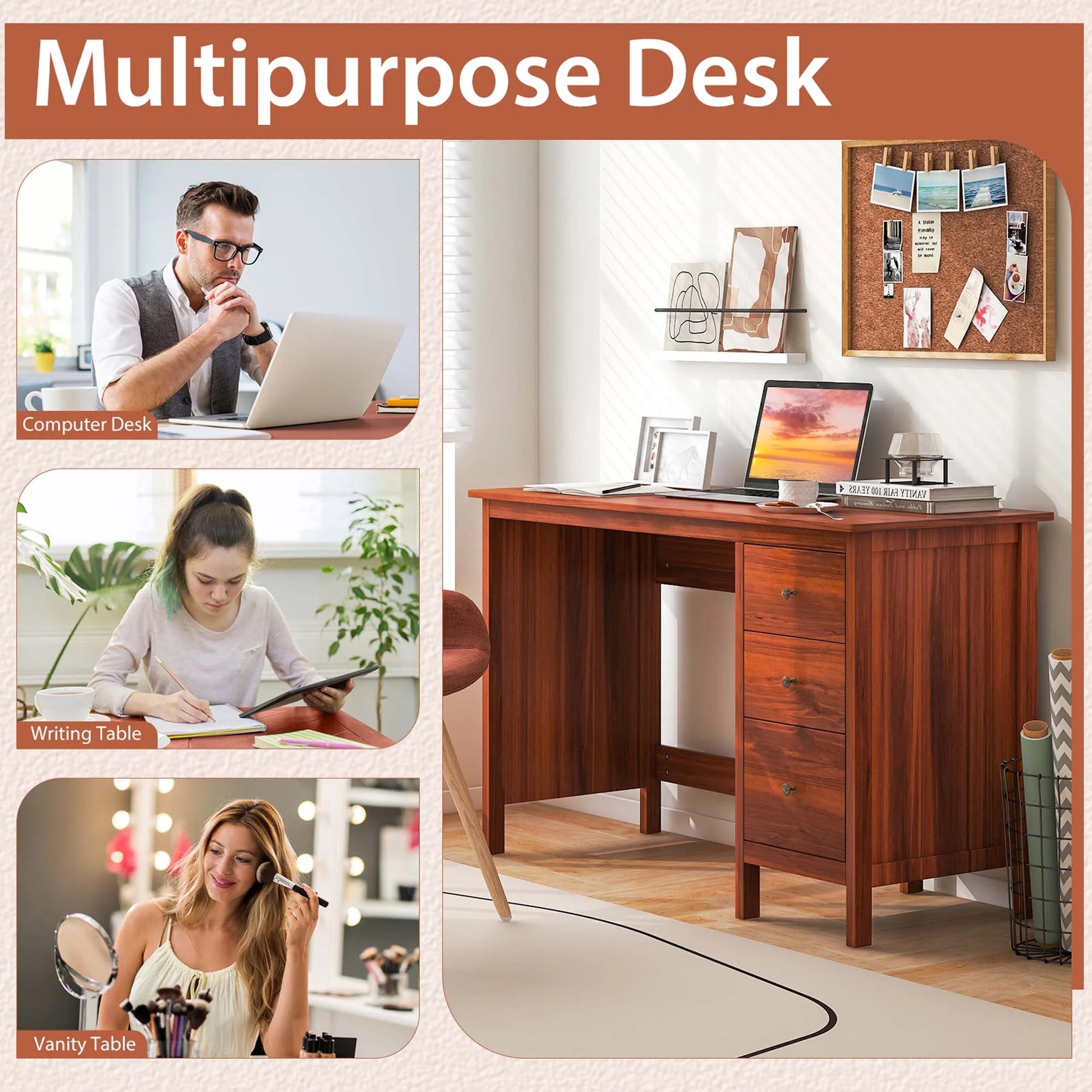 Computer Desk Study Writing Desk Home Office Workstation with 3 Drawers Black