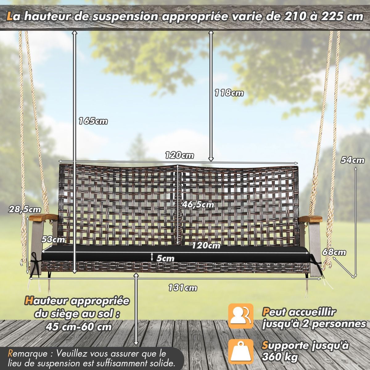 Hanging Rattan Garden Bench 2 Seater Acacia Wood Armrests Metal Frame Cushion Ropes Hooks White/Black -