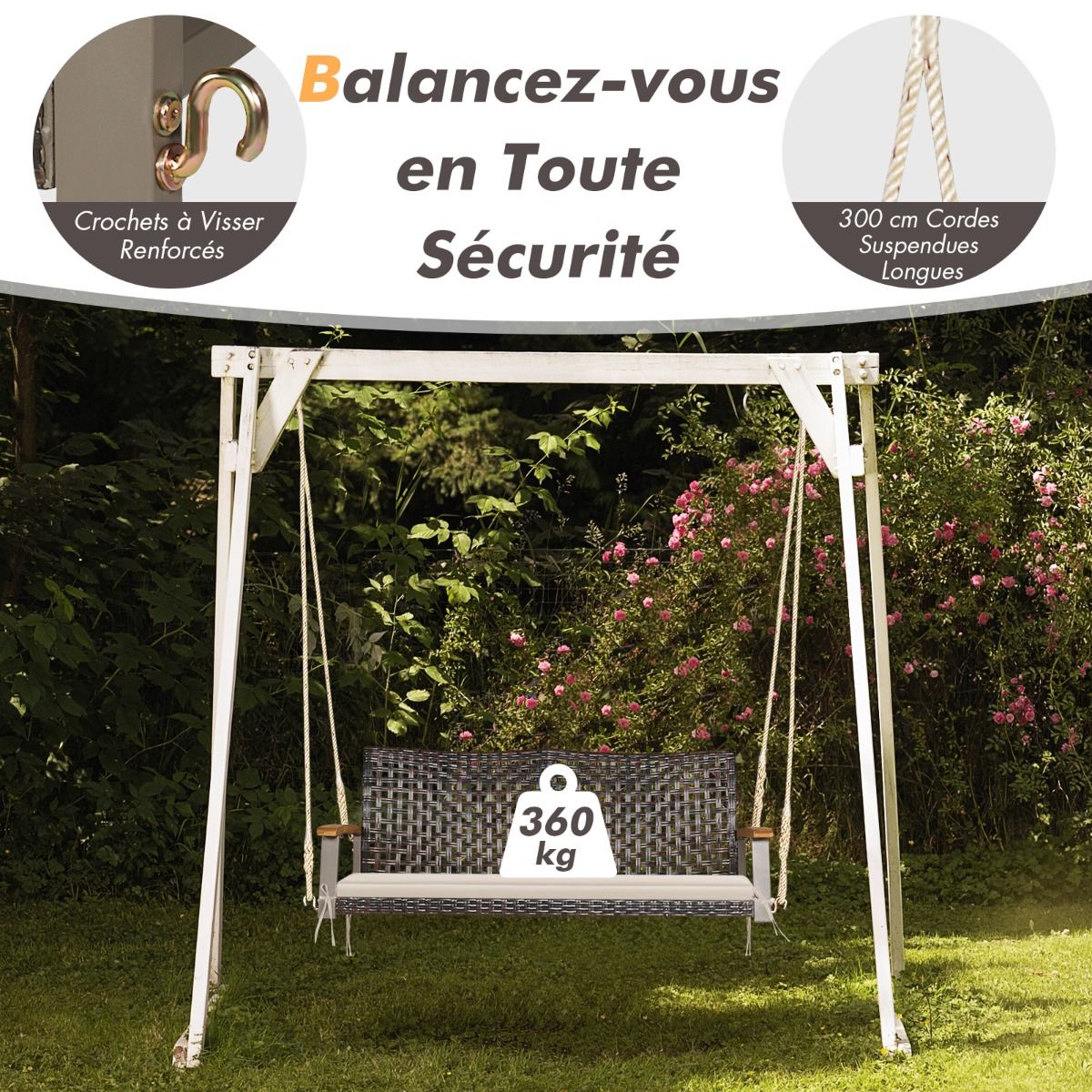 Hanging Rattan Garden Bench 2 Seater Acacia Wood Armrests Metal Frame Cushion Ropes Hooks White/Black -