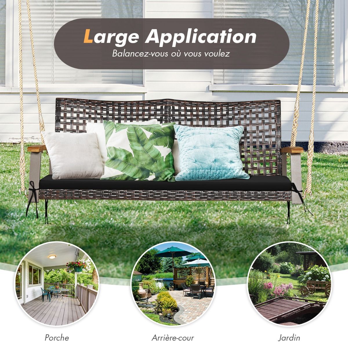 Hanging Rattan Garden Bench 2 Seater Acacia Wood Armrests Metal Frame Cushion Ropes Hooks White/Black -