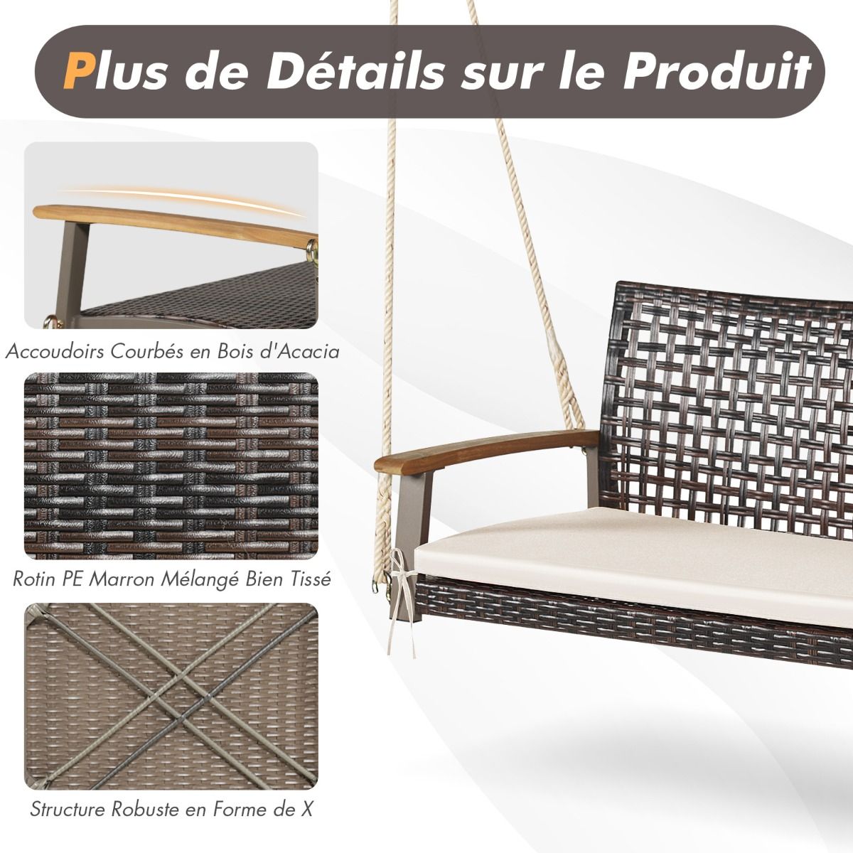 Hanging Rattan Garden Bench 2 Seater Acacia Wood Armrests Metal Frame Cushion Ropes Hooks White/Black -