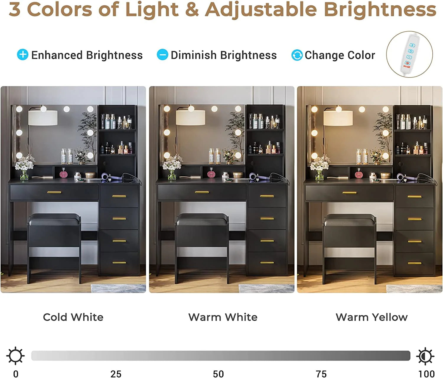 Black Vanity Set with Lights & Charging Station & Cushioned Stool, Modern Makeup Vanity Desk Table with - Product image 9