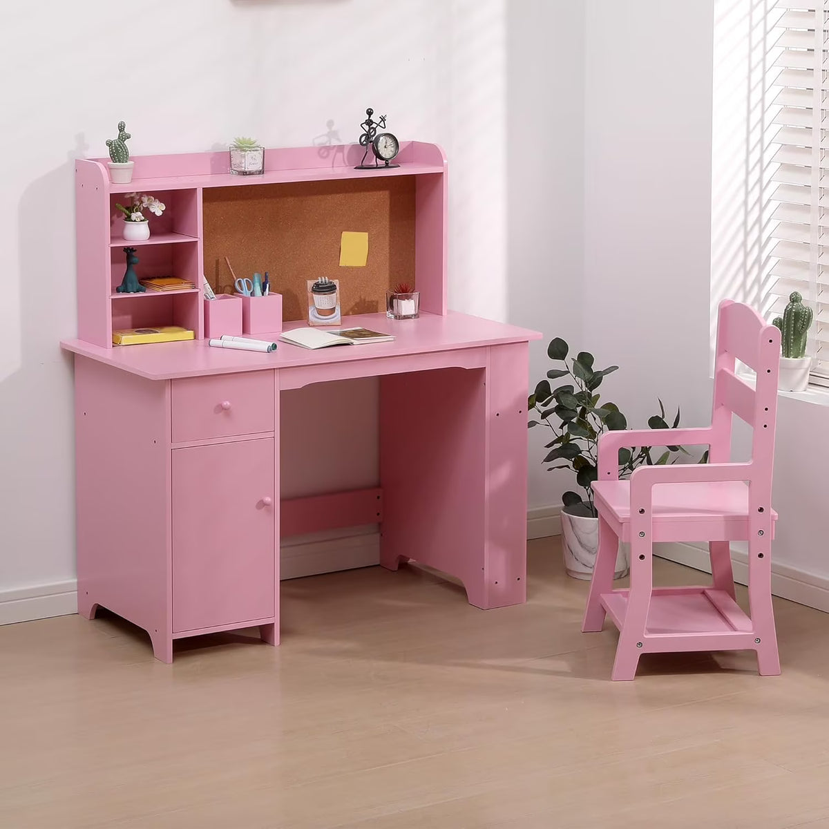 Kids Desk and Chair Set, Study Table with Storage Shelf, Bulletin Board, Children School Learning Desk Set - Product image 1
