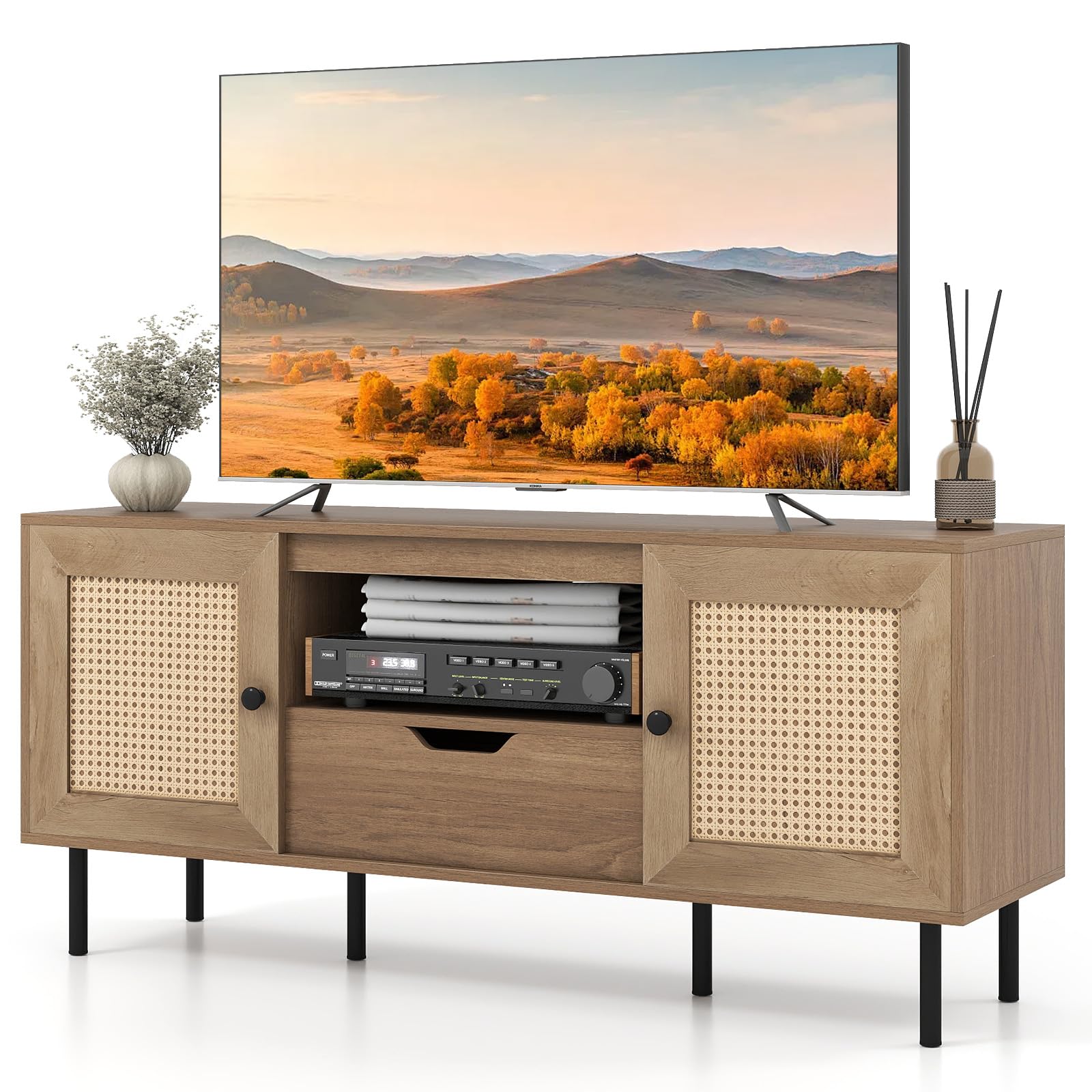 Tangkula Boho TV Stand for 60 Inch TV Entertainment Center with Cabinets and Storage Shelf - Product image 1