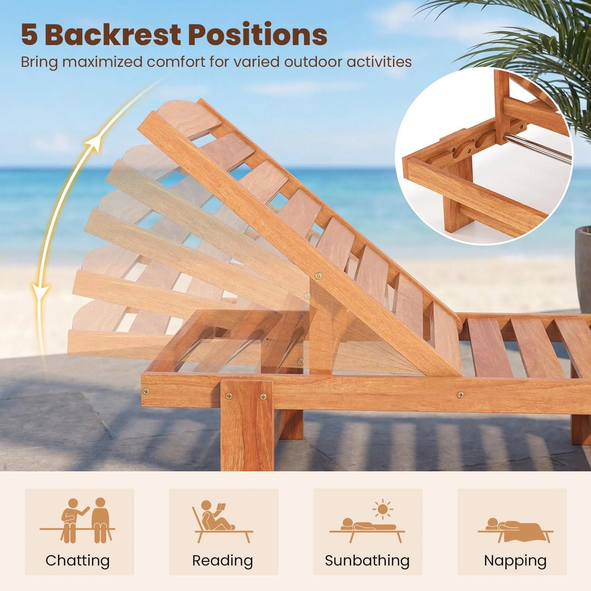 Tangkula Solid Wood Patio Chaise Lounge with 5-Level Adjustable Backrest (1/2) - Product image 5