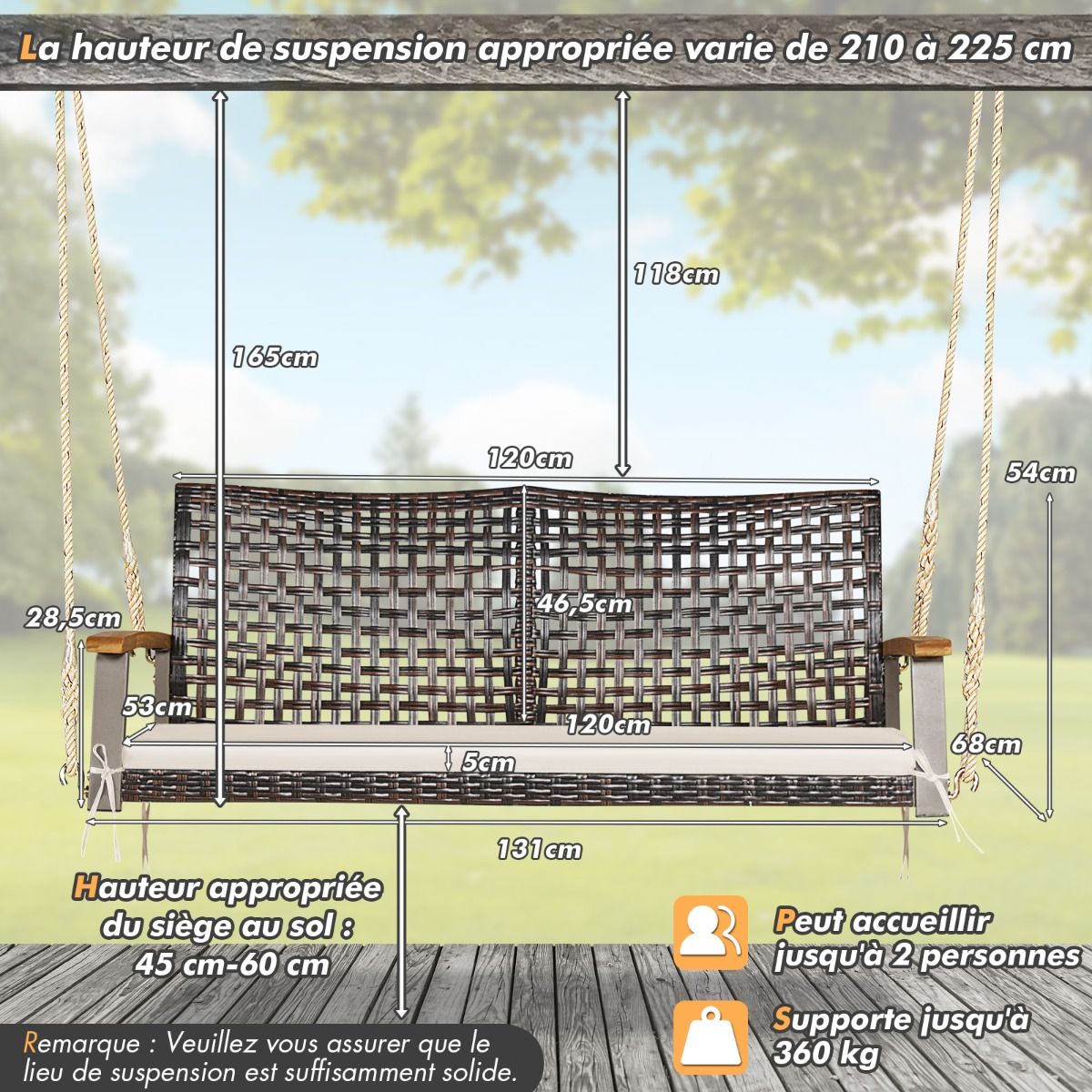 Hanging Rattan Garden Bench 2 Seater Acacia Wood Armrests Metal Frame Cushion Ropes Hooks White/Black -