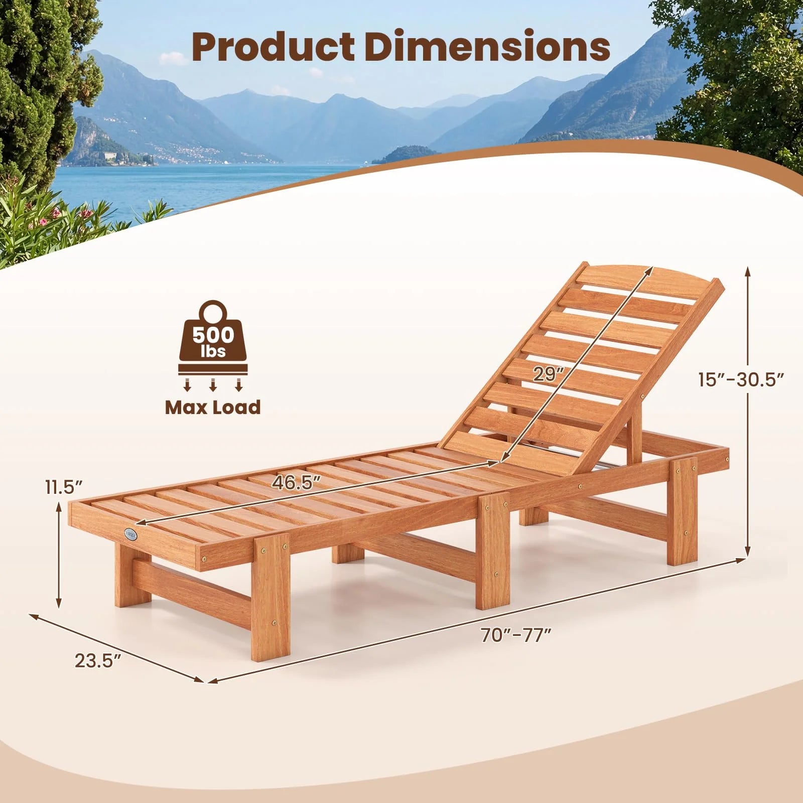 Tangkula Solid Wood Patio Chaise Lounge with 5-Level Adjustable Backrest (1/2) - Product image 3